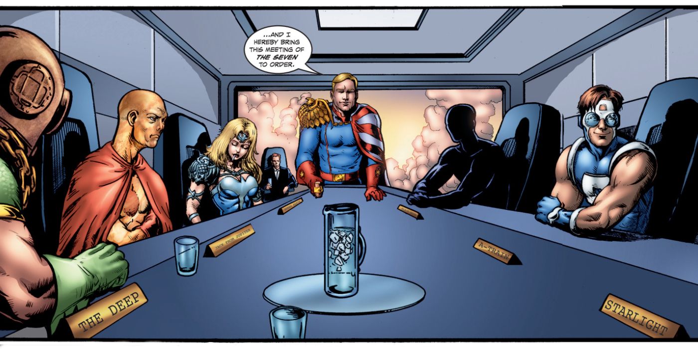 Comic panel: Homelander initiates a meeting of the Seven at Vought 