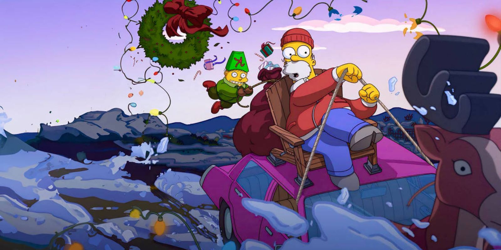 Homer puxando Ralph atrás dele em um trenó improvisado no Especial de Natal dos Simpsons 2024