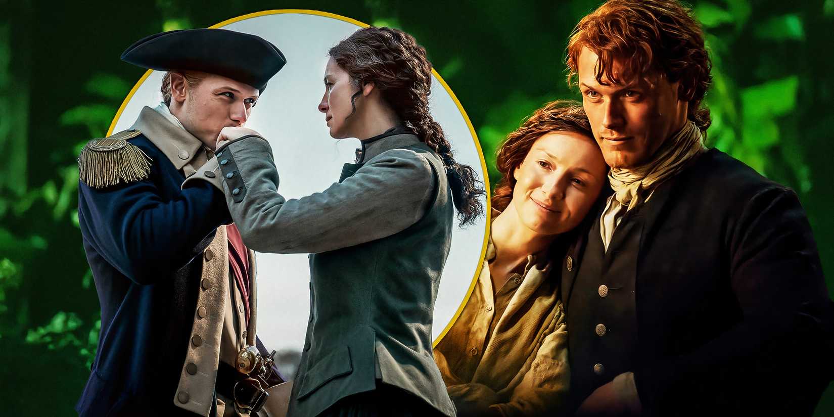 Jamie kissing Claire's hand next to Claire leaning against Jamie's shoulder in Outlander