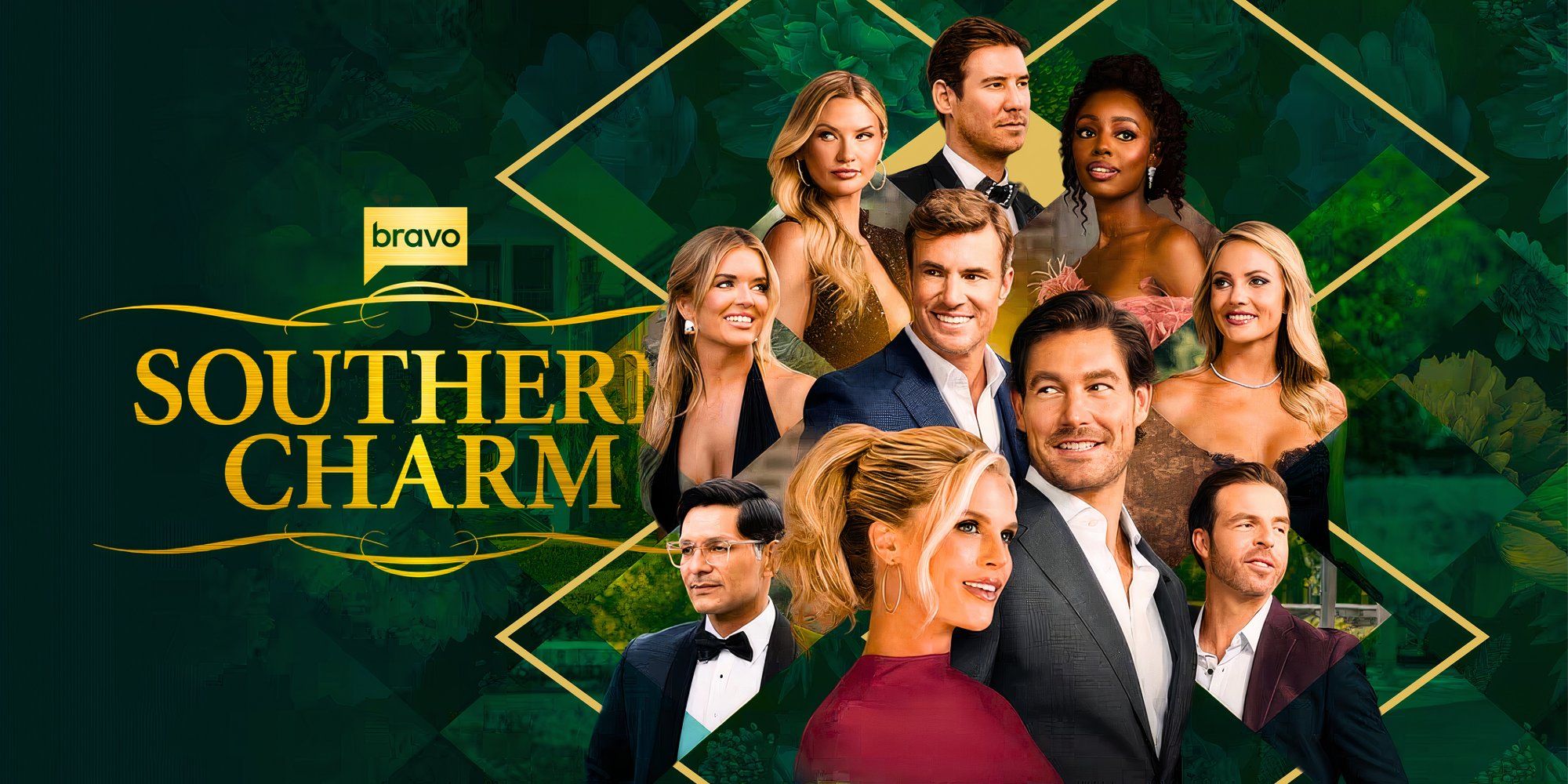 promo image of the cast of Southern Charm Season 10 montage of them smiling
