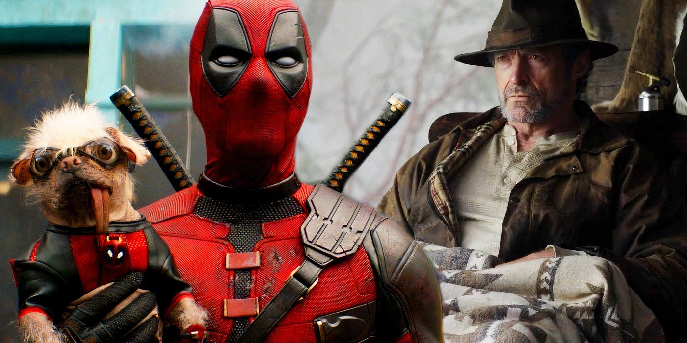 Deadpool holding Dogpool in Deadpool & Wolverine and Hugh Jackman as Old Man Logan