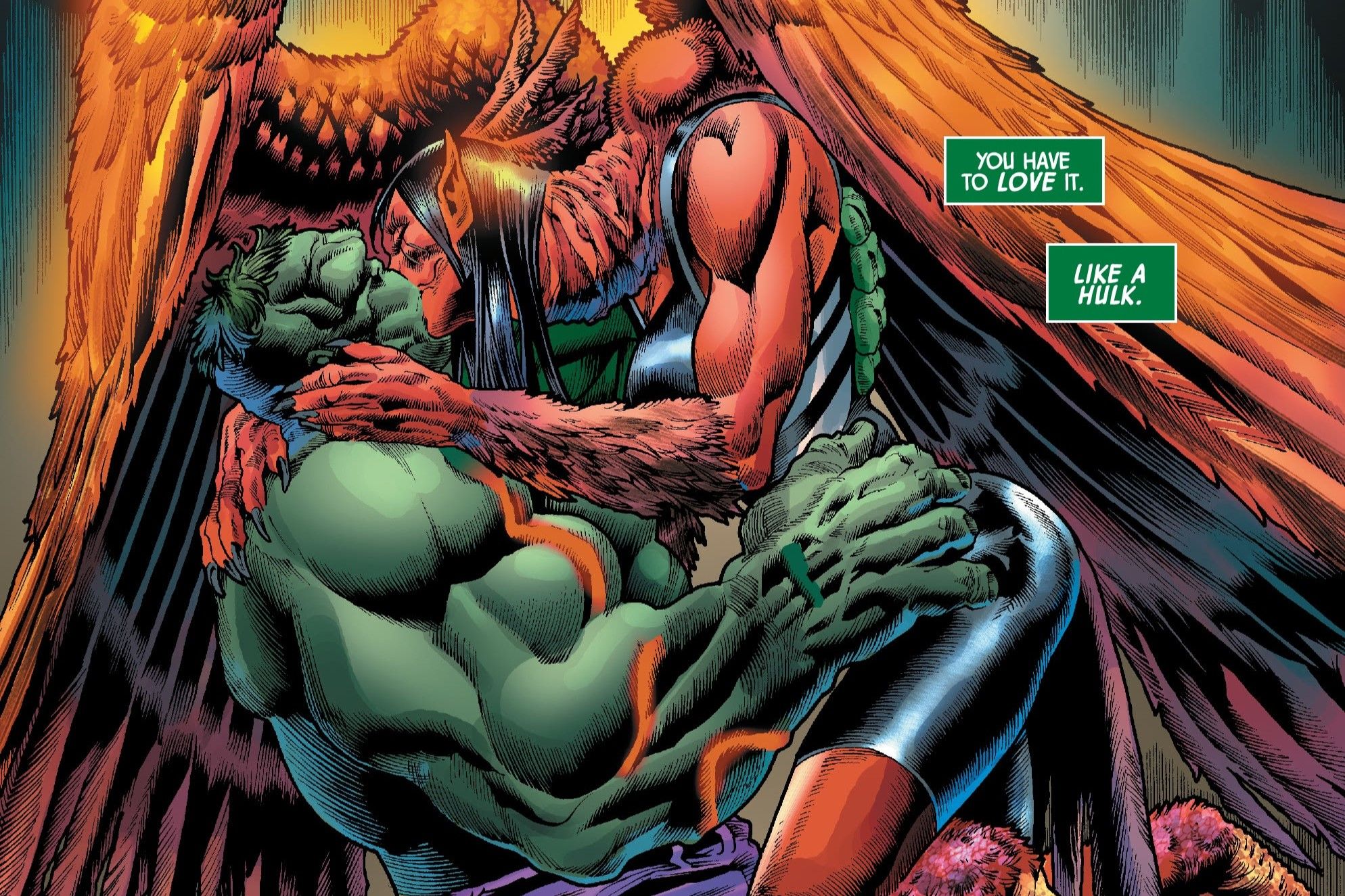 Hulk und Red Harpy küssen sich.