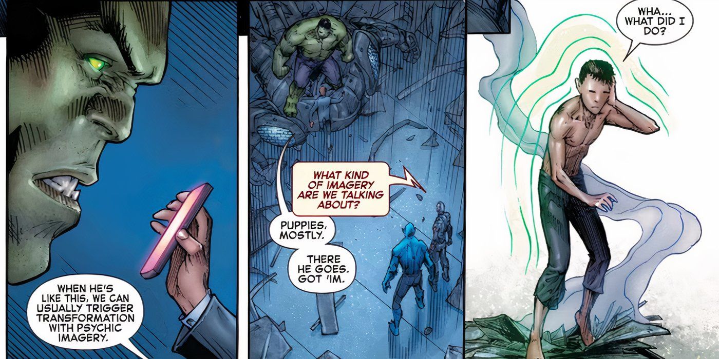 Hulk turning back into Bruce Banner after being shown images of puppies.