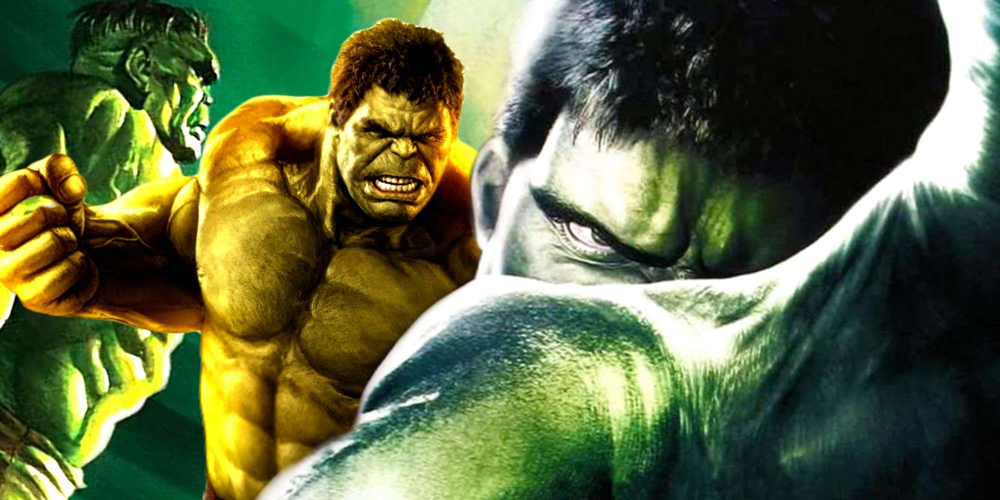 Hulk en la película Marvel de 2003 dirigida por Ang Lee, Hulk de Mark Ruffalo en Los Vengadores y la Puerta Verde en Marvel Comics