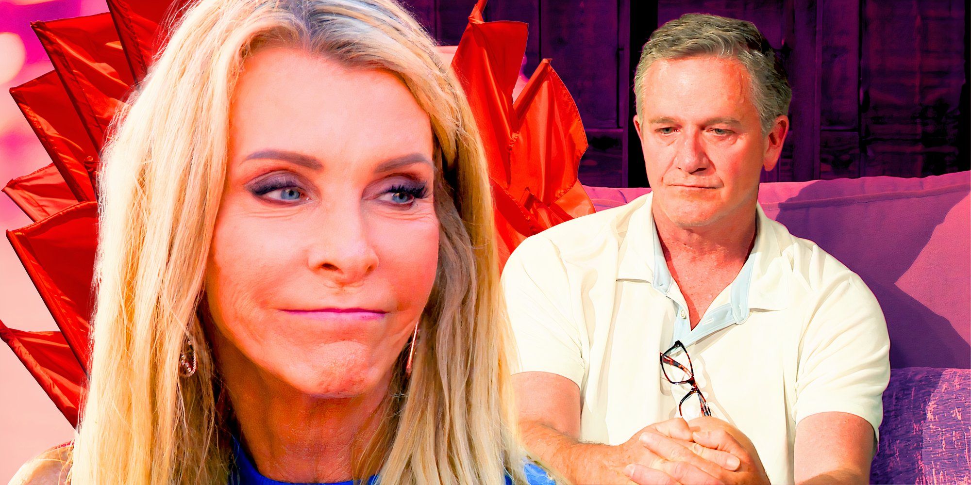 a montage of Joan Vassos and Chock Chapple from the golden bachelorette both looking sad with red flags behind joan