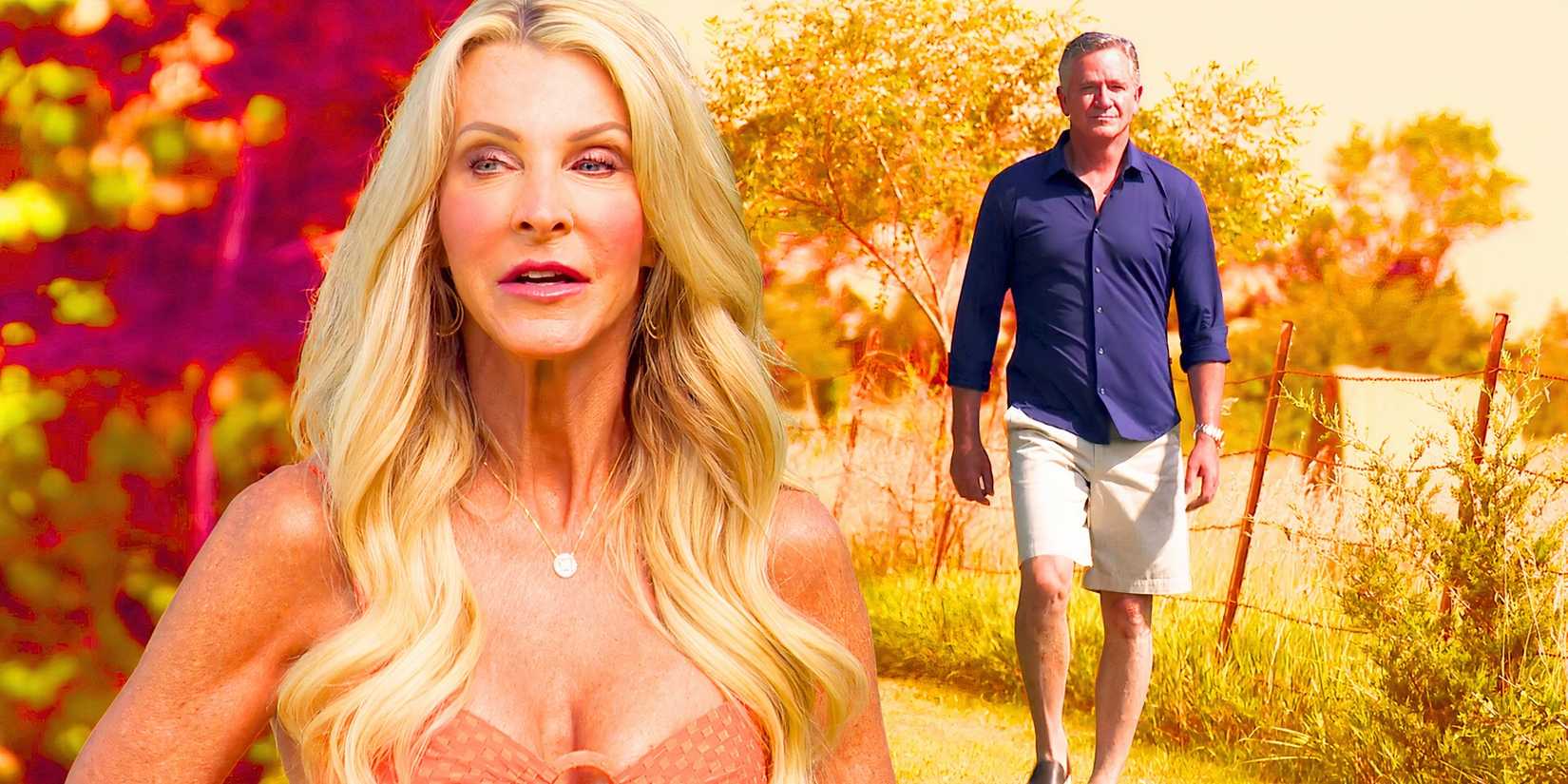 image of joan vassos up close with chock chapple in the background walking from the golden bachelorette