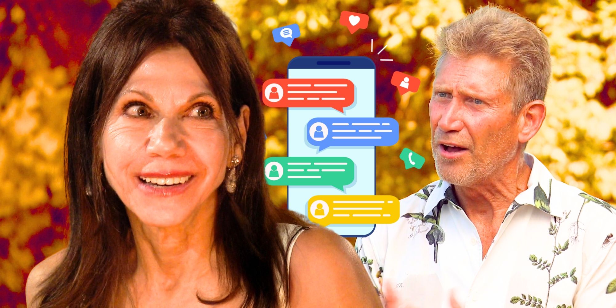 The Golden Bachelor&rsquo;s Theresa Nist smiles and Gerry Turner looks concerned, amid text messages.