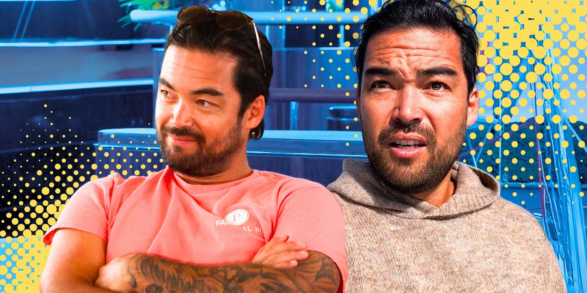montage of colin from below deck sailing yacht looking happy and worried