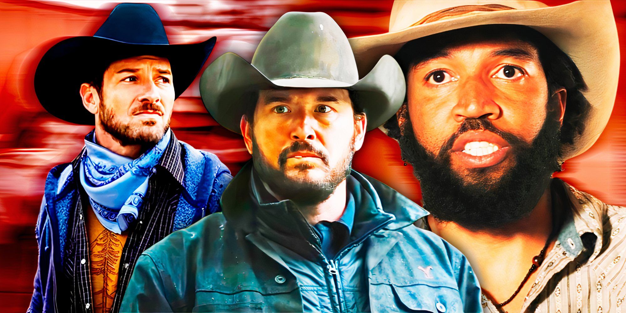 Ian Bohen as Ryan, Cole Hauser as Rip Wheeler, and Denim Richards as Colby Mayfield in Yellowstone.