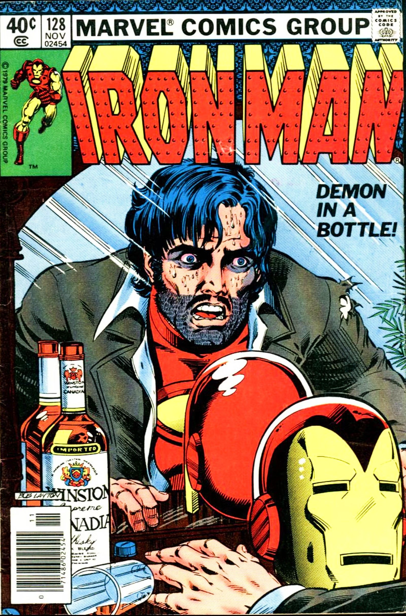 Capa icônica do Homem de Ferro 'Demon in a Bottle', com Tony Stark barbudo se olhando no espelho, chocado