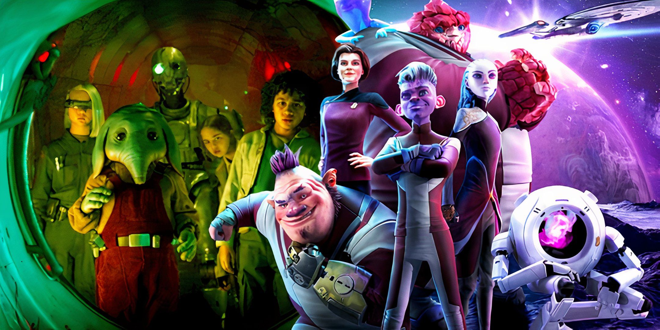 The cast of Star Wars: Skeleton Crew in episode 2 and the main characters of Star Trek: Prodigy on a season 2 poster.