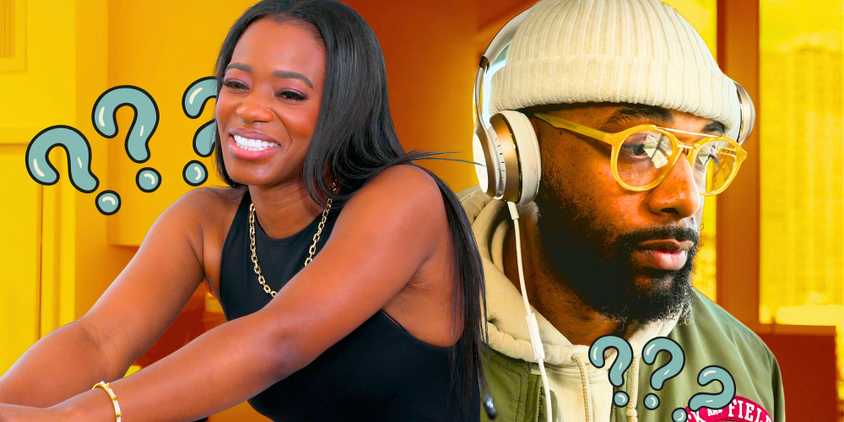 Ikechi Ojoré and Emem Obot from Married At First Sight Season 18 in montage with him pensive and her smiling