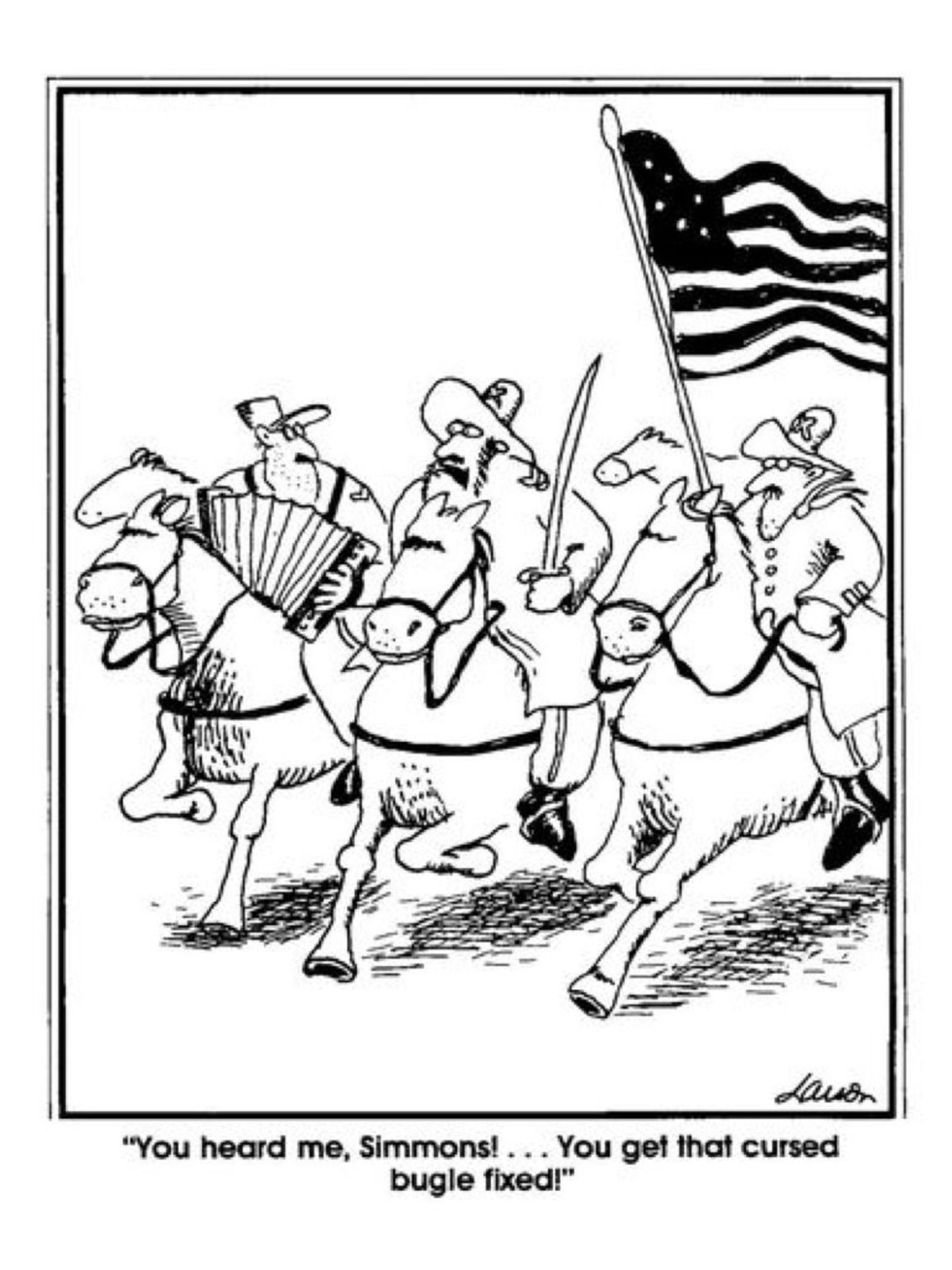 La bande Far Side : des soldats sur des chevaux au courant, dont l'un tient un accordéon.