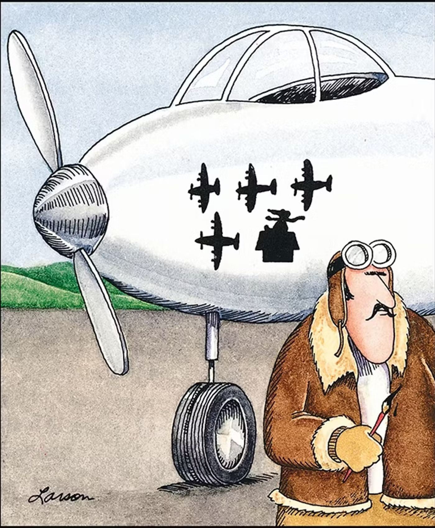 La bande Far Side : ombres d'avions de combat et Snoopy en as du vol dans un avion de soldat.