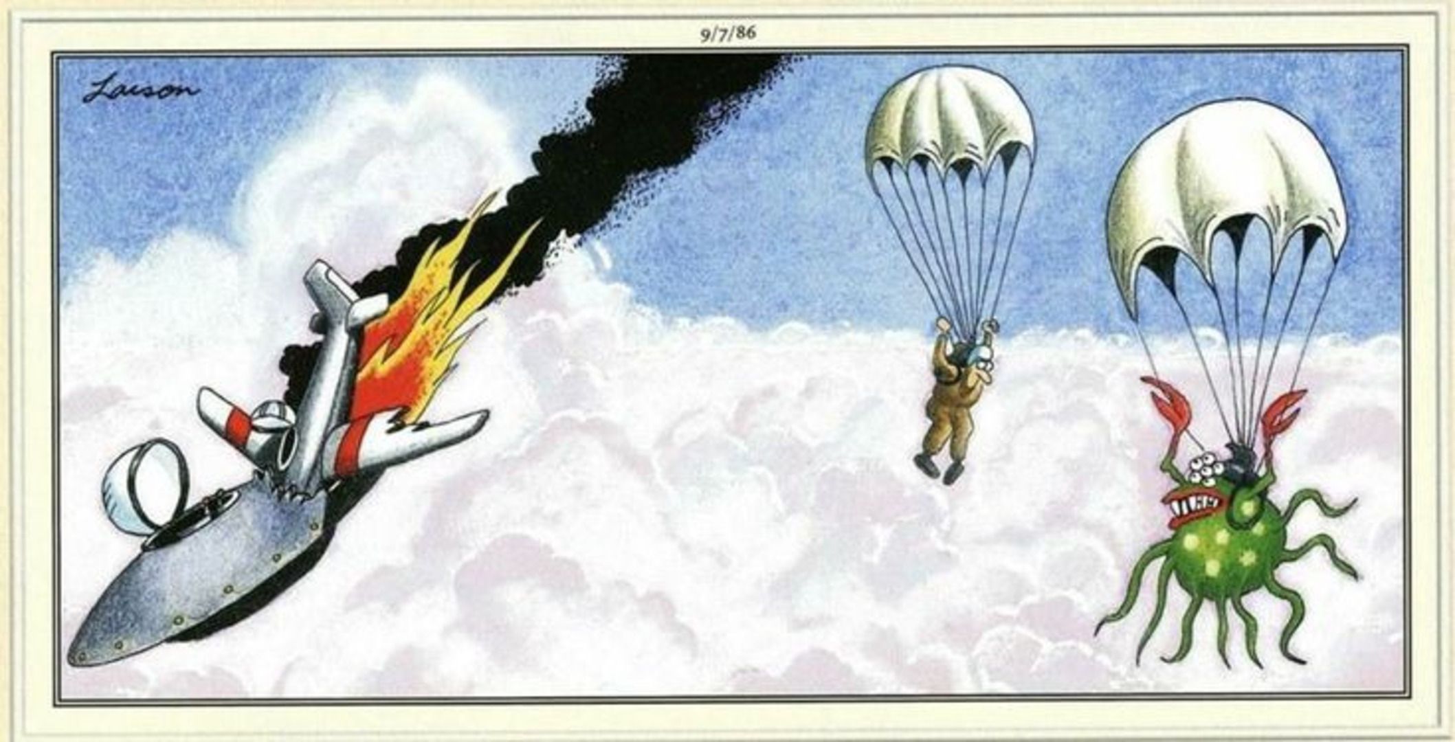 La bande Far Side : un soldat et un extraterrestre parachutant hors d’un avion en feu.