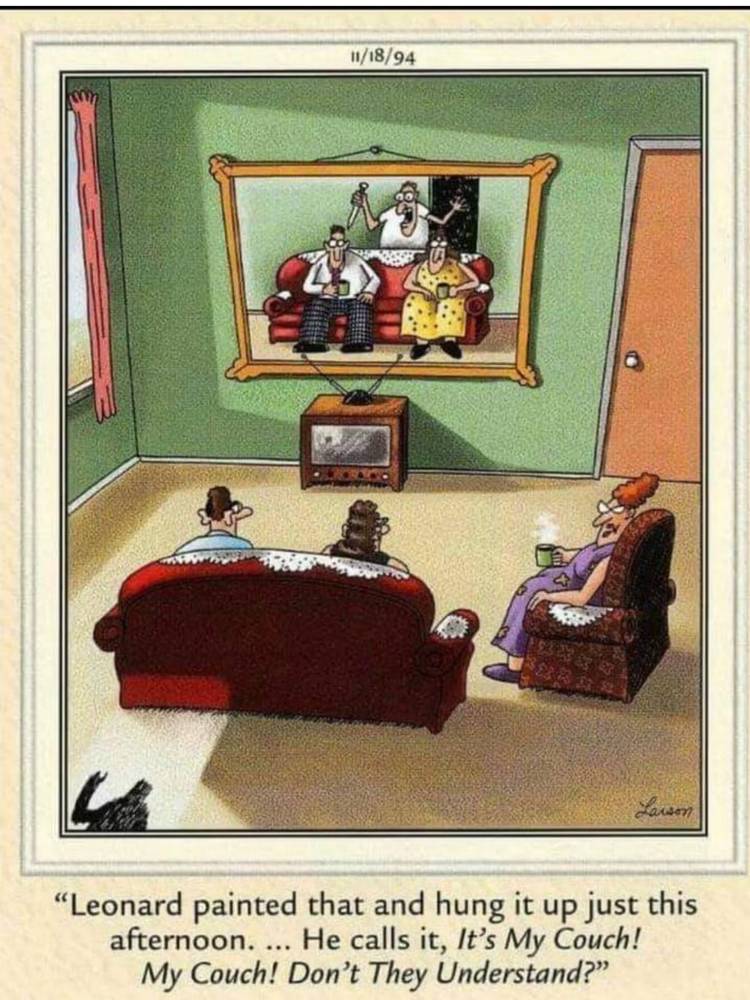 Far Side, November 18, 1994, a couple sitting on a couch looking at a painting of a couple on a couch.