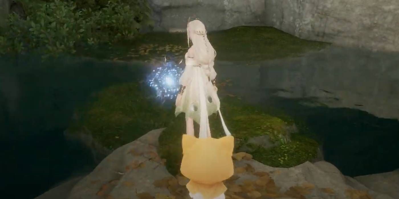Infinity Nikki character collecting Whimstar from clearing a Cavern dungeon