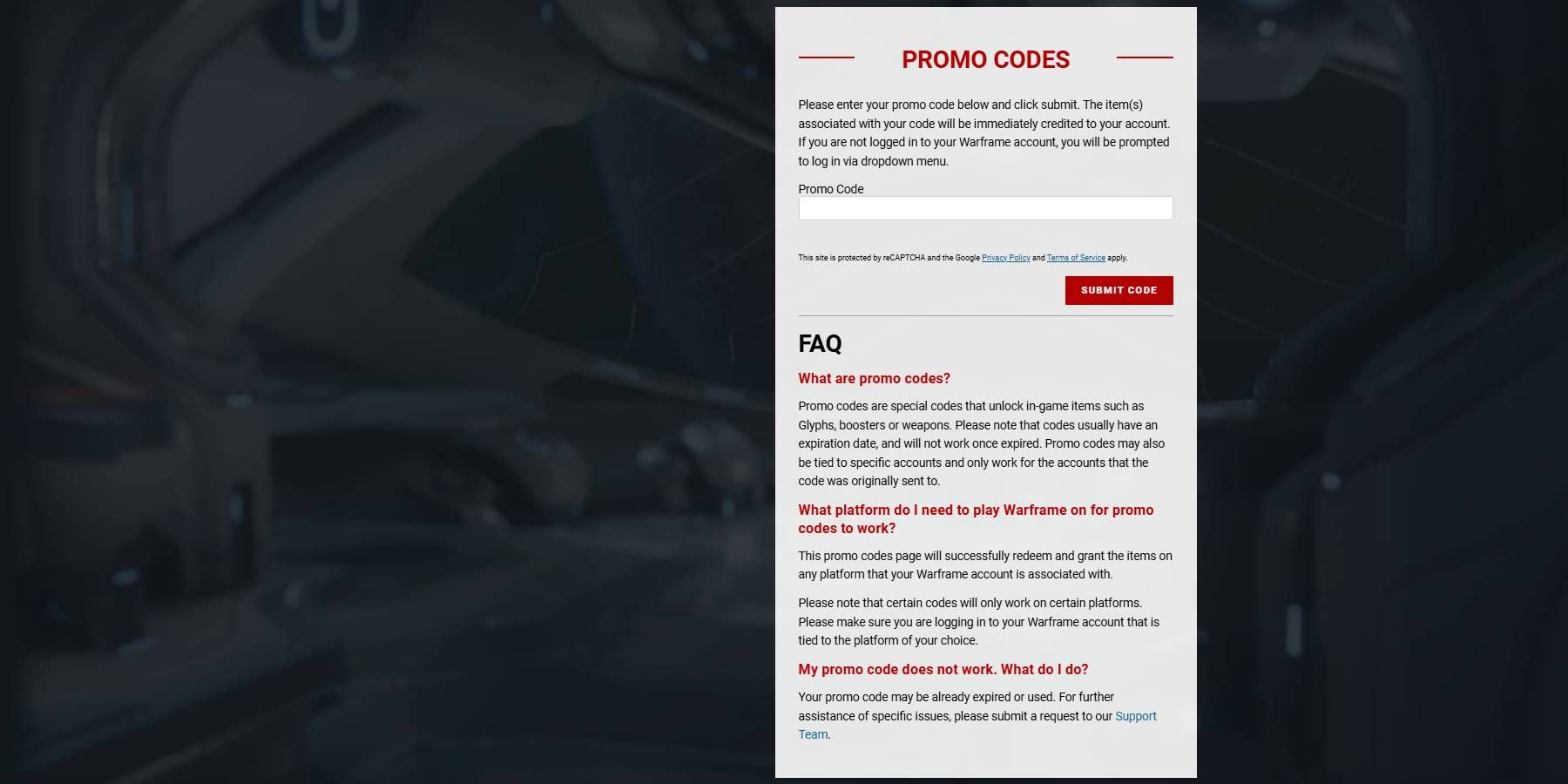 Warframe official website redeem code page