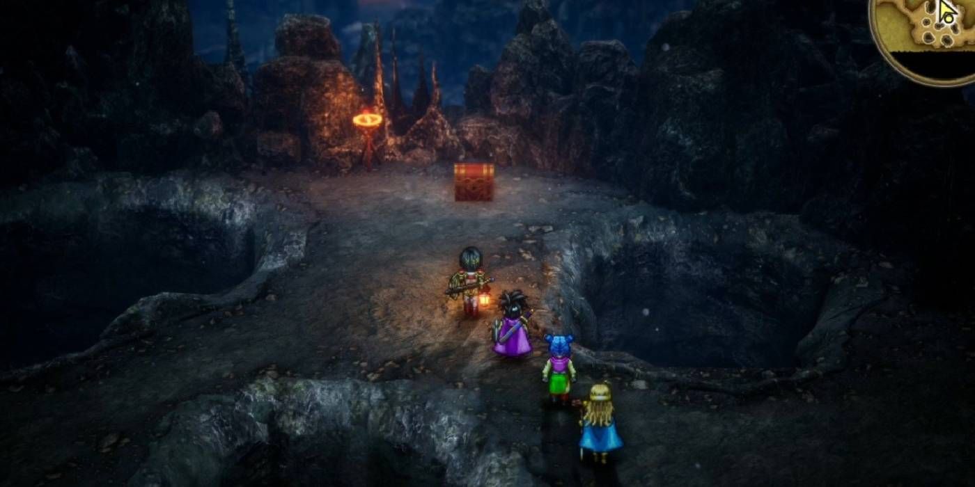 Dragon Quest 3 Remake party finding a treasure chest in Maw of the Necrogond dungeon