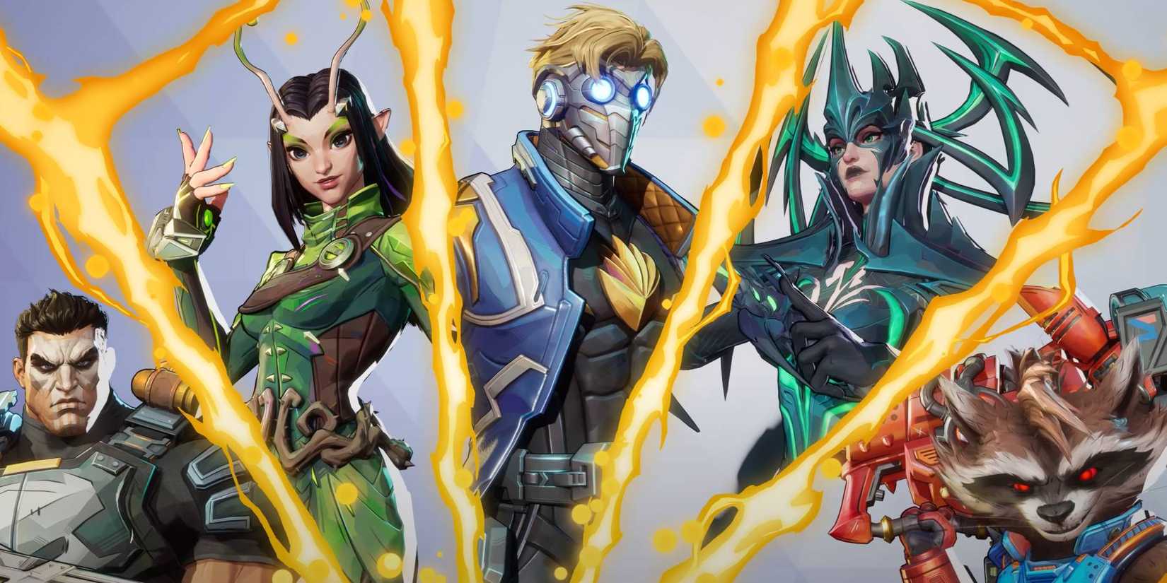 Marvel Rivals sample team comp of The Punisher, Mantis, Star-Lord, Hela, and Rocket Racoon