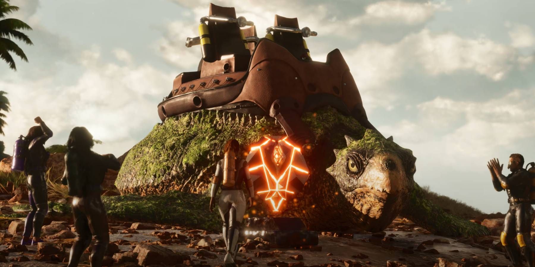 Ark: Survival Ascended Archelon dinosaur being mounted by player who recently tamed it