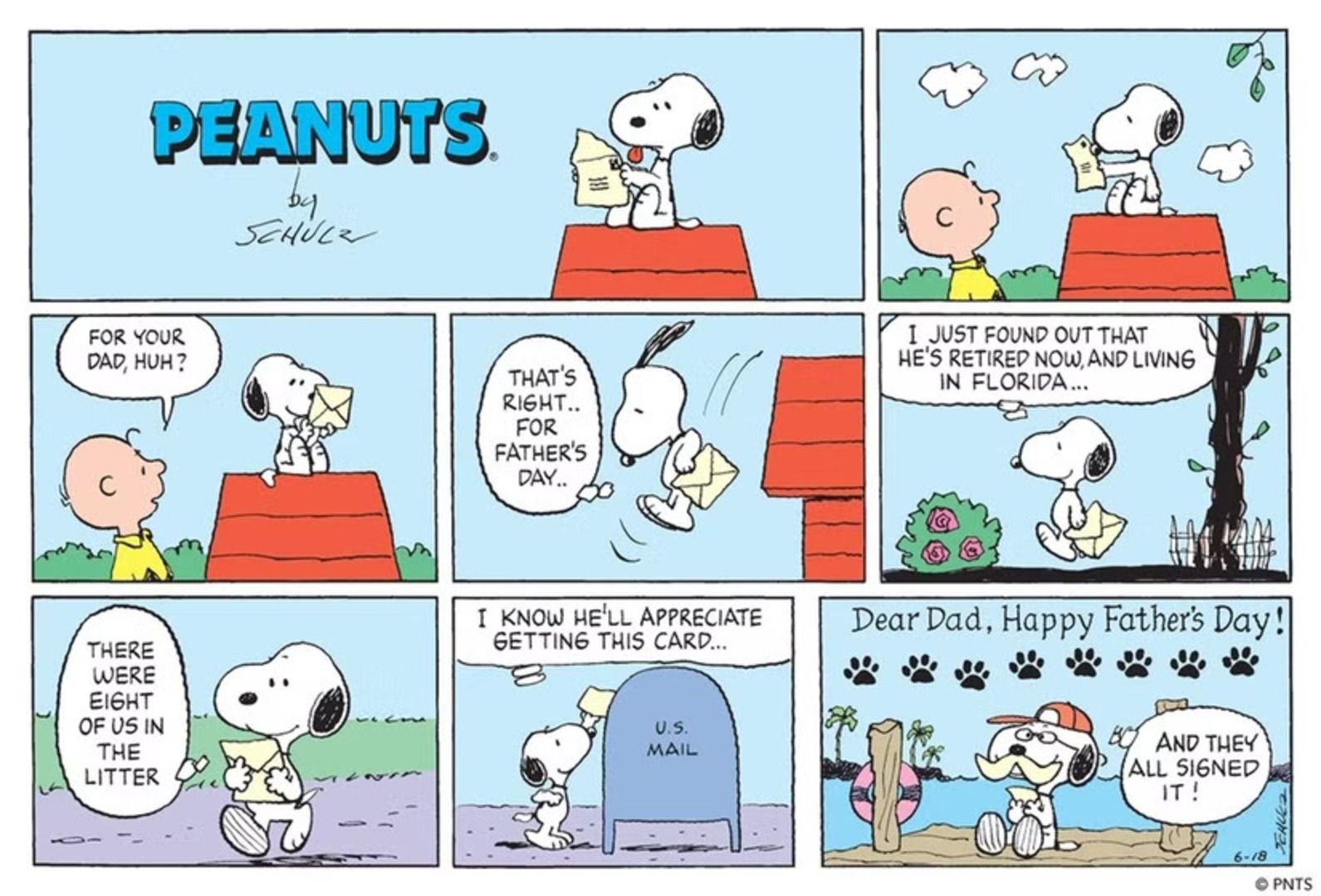 Snoopy envoie une lettre à son père.