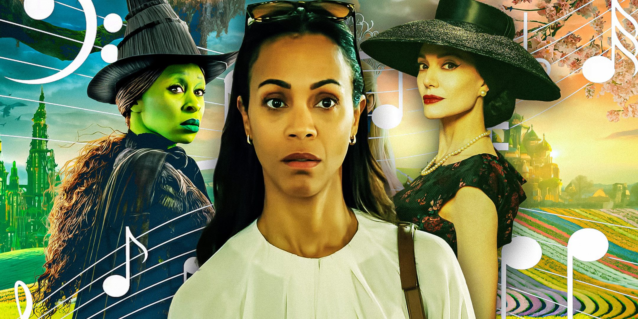 Zoe Saldana as Rita in Emilia Perez in the foreground, Cynthia Erivo as Elphaba to the left, and Angelina Jolie in Maria to the right in front of images from Wicked