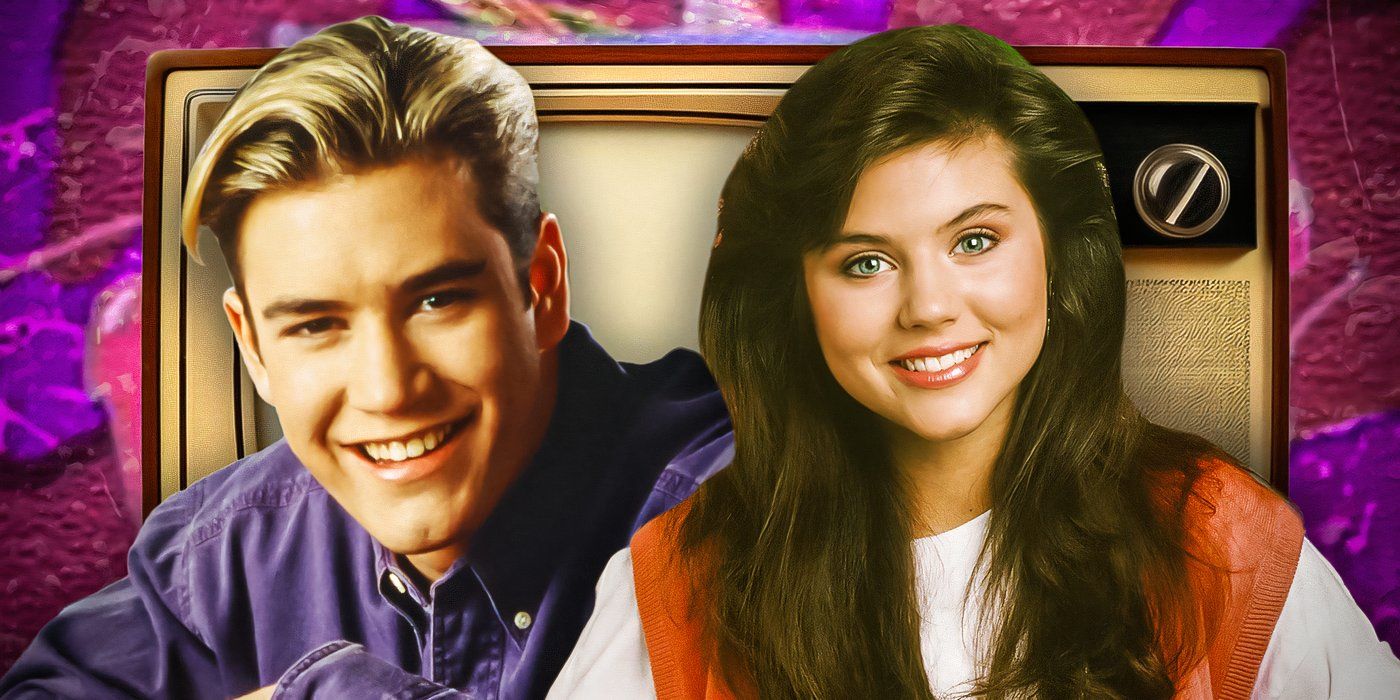 Mark-Paul Gosselaar as Zack and Tiffani Amber Thiessen as Kelly in Saved by the Bell