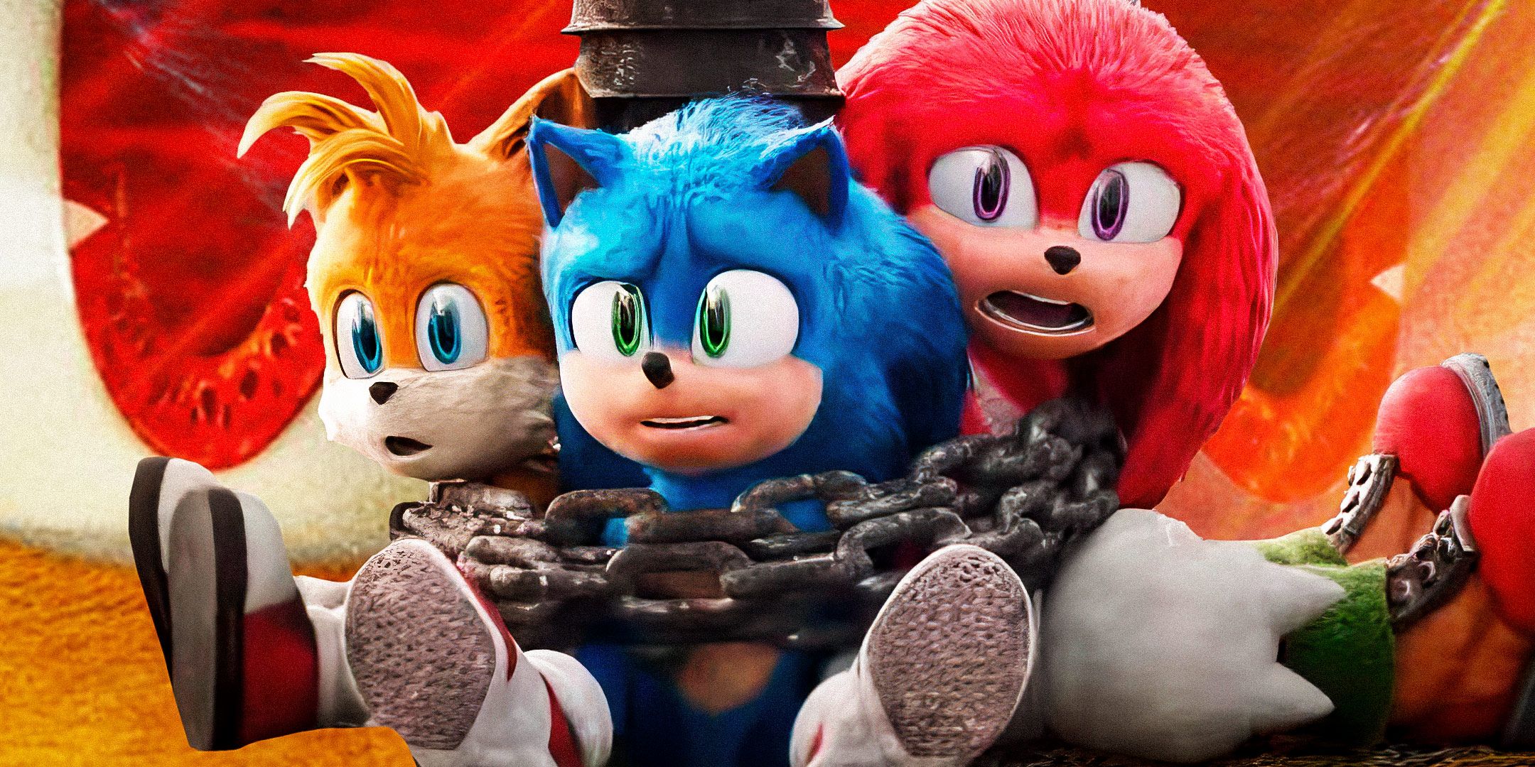 Sonic, Tails, and Knuckles look shocked while tied up in front of a red swirling background in Sonic the Hedgehog 3