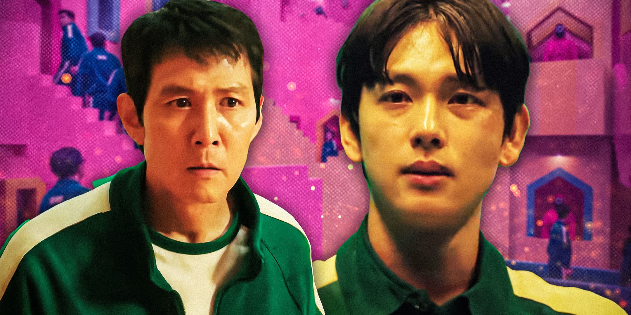 Gi-hun frowning and Myung-gi looking upset in Squid Game season 2