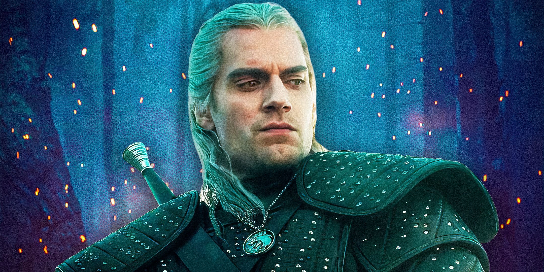 Henry Cavill looking to the side and wearing black leather armor as Geralt in The Witcher with a forest at night as the background