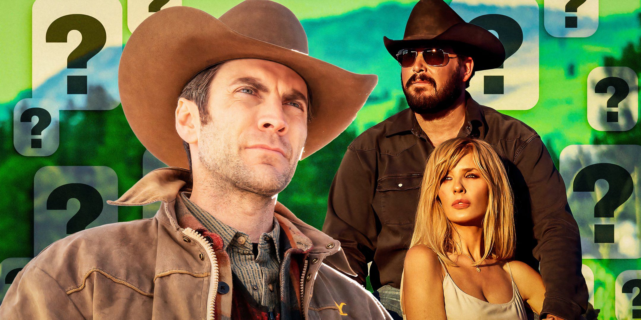 Wes Bentley as Jamie, Cole Hauser as Rip, and Kelly Reilly as Beth in Yellowstone.