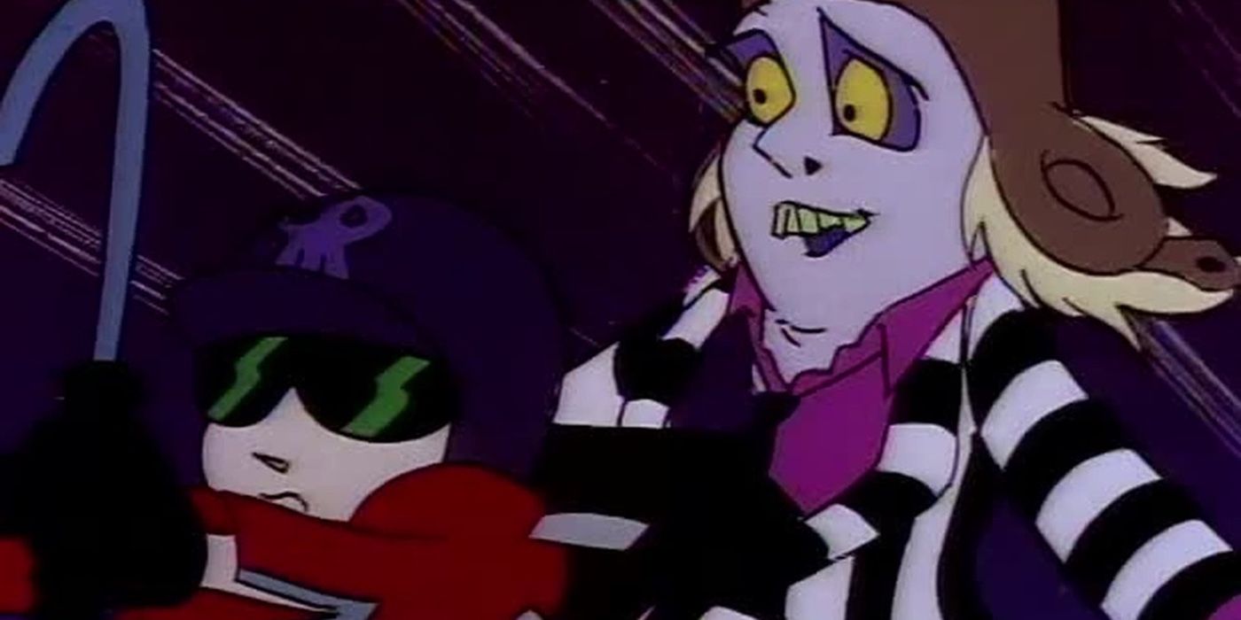 Beetlejuice y Lydia Deetz andan juntos en motocicleta en el episodio animado de Beetlejuice 