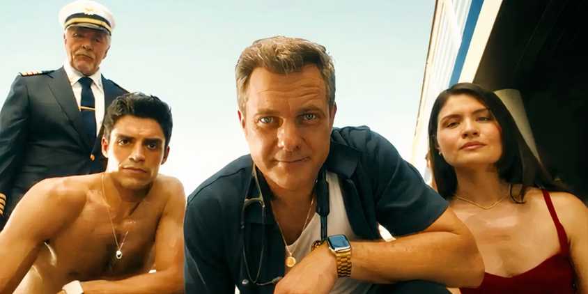 Joshua Jackson, Phillipa Soo, Don Johnson, Sean Teale looking down in Doctor Odyssey