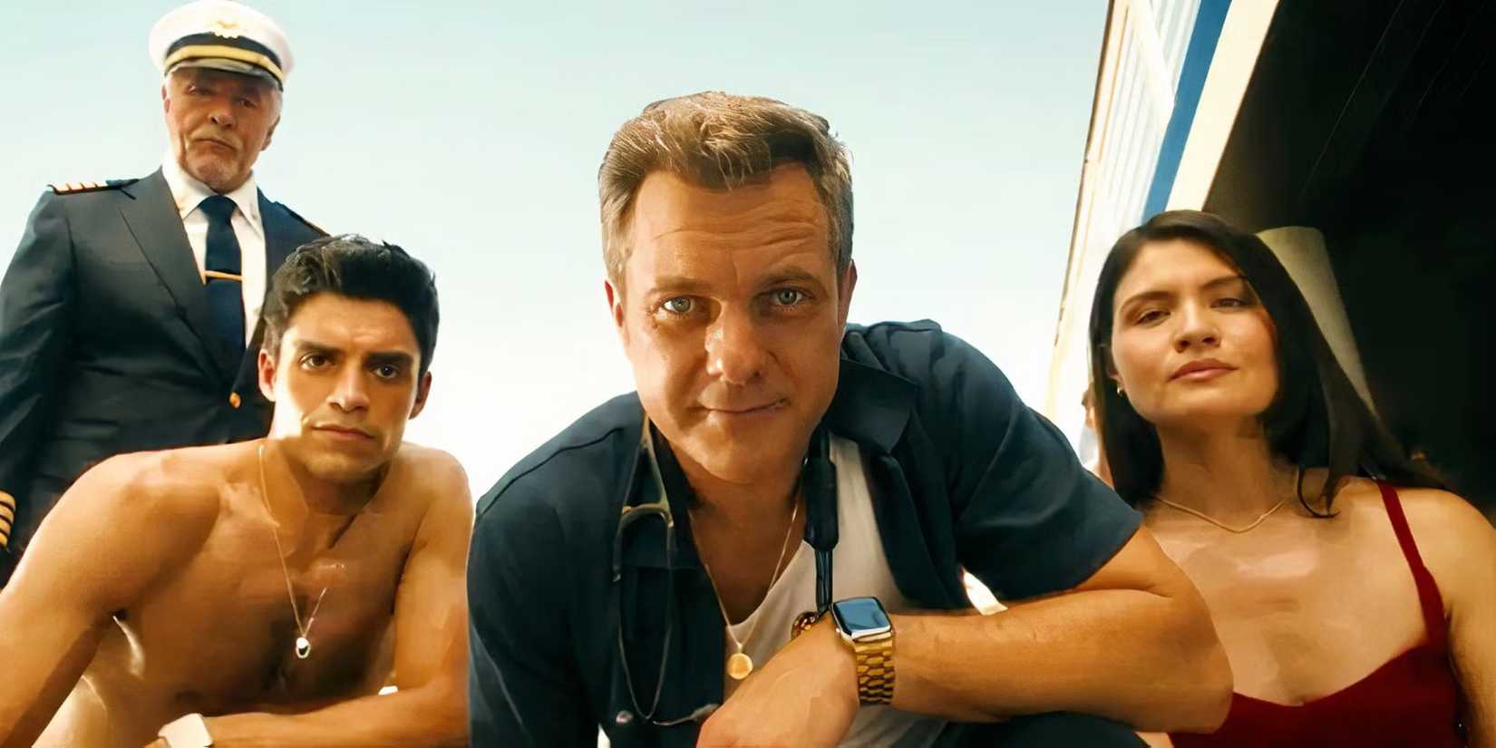 Joshua Jackson, Phillipa Soo, Don Johnson, Sean Teale looking down in Doctor Odyssey