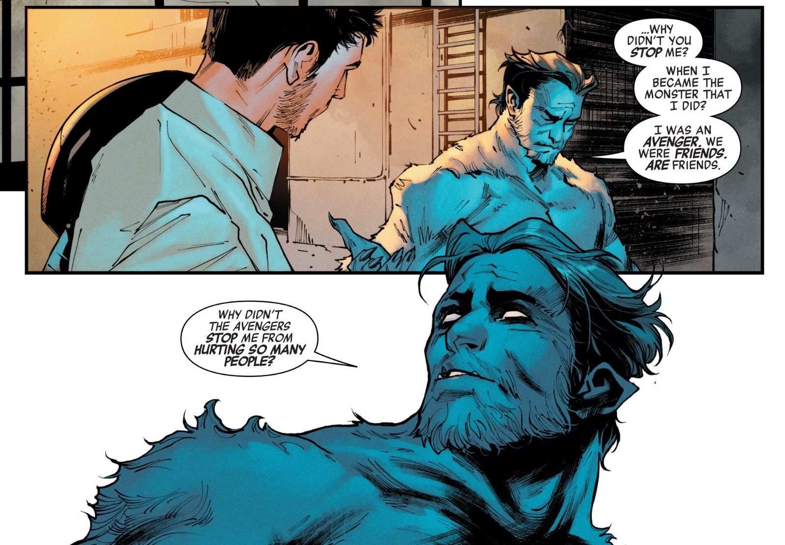 Em Avengers (2023) #21, Beast pergunta ao Homem de Ferro por que os Vingadores não impediram Hank quando ele se tornou mau 