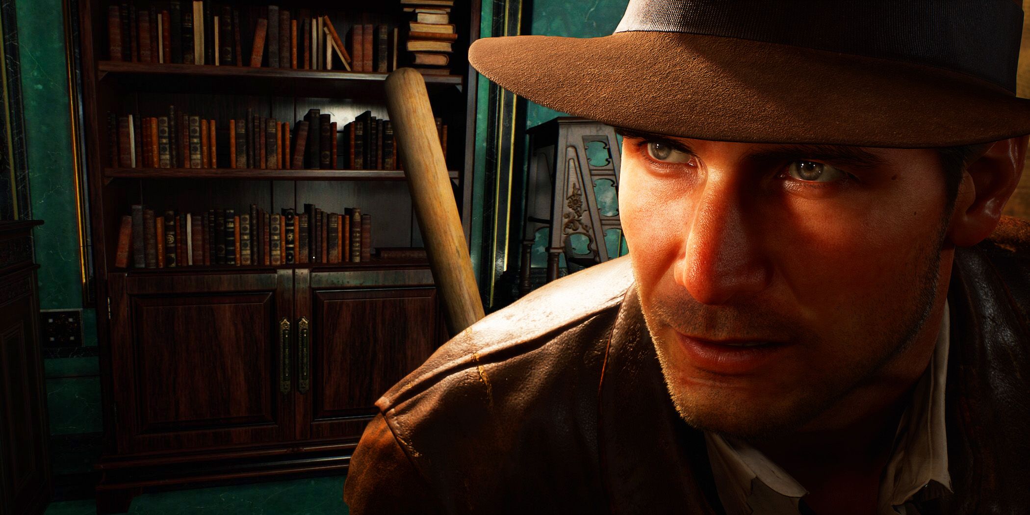 Indiana Jones from the Game with a bookshelf