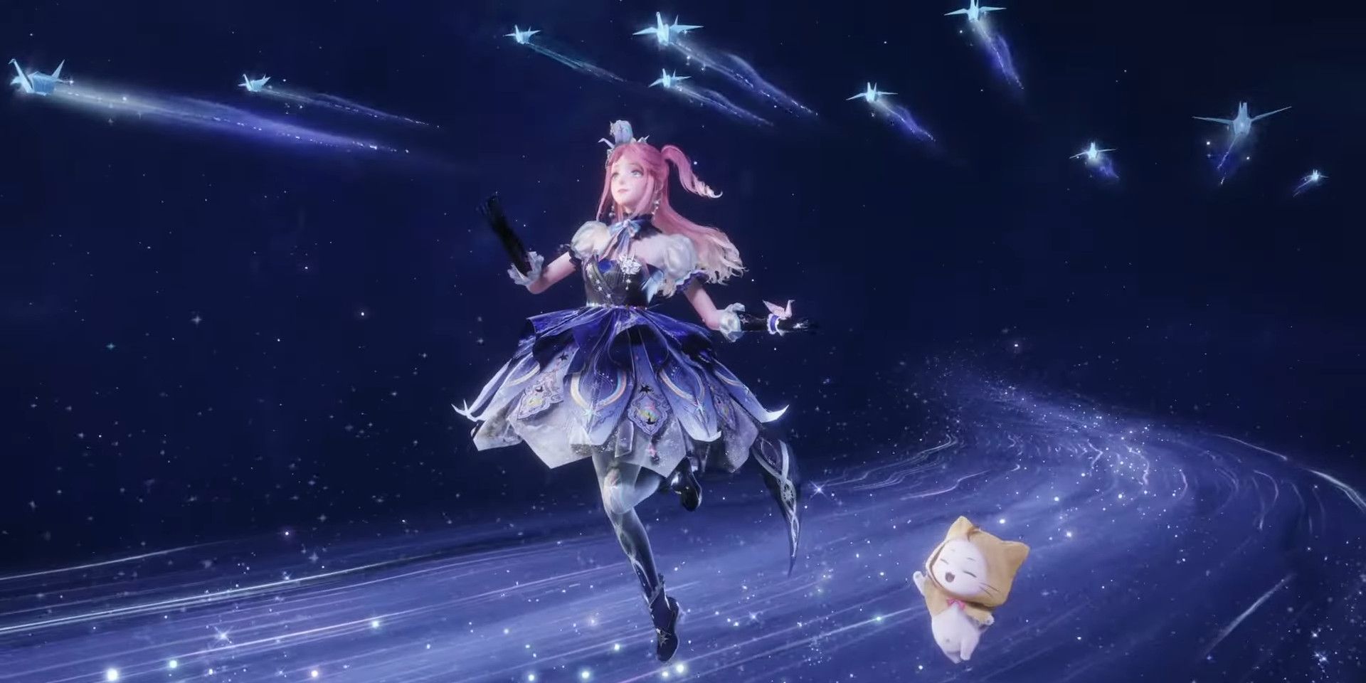 願いの翼の衣装を着て、Infinity Nikki で星空の道を走るニッキ。