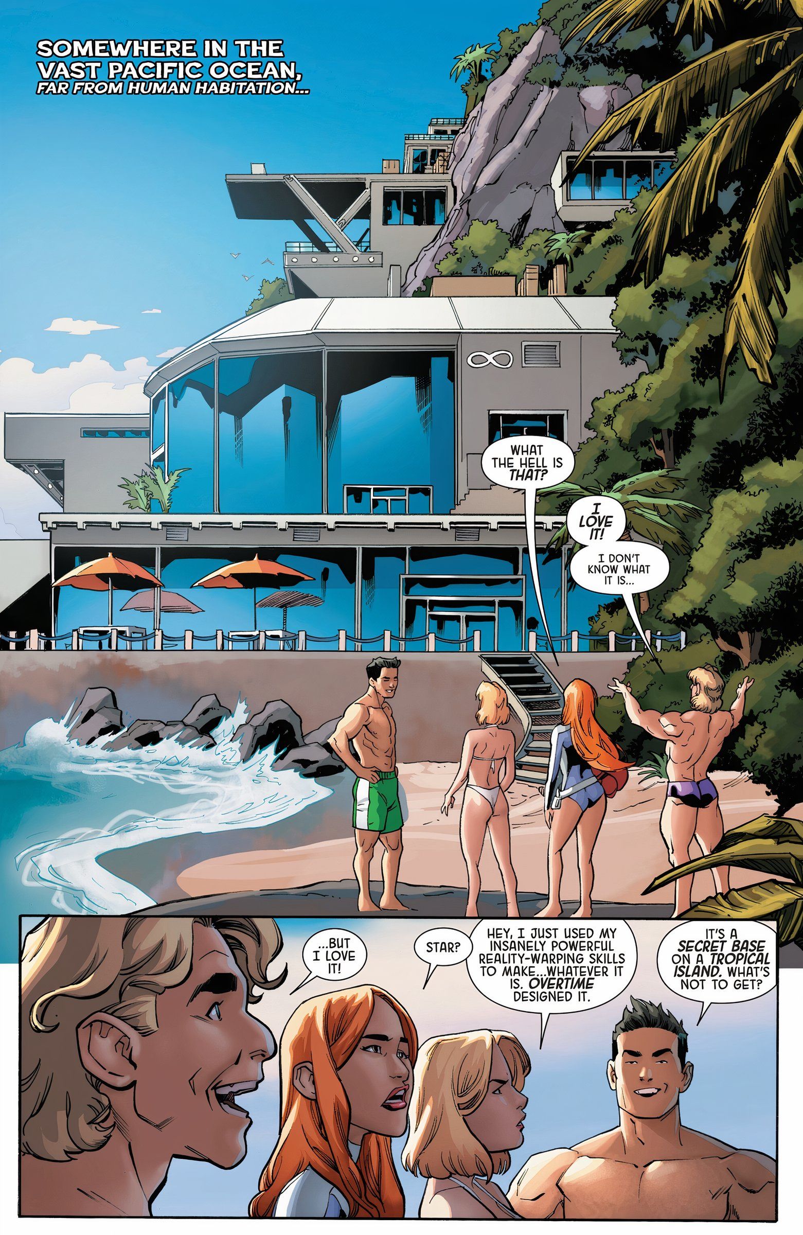 Infinity Watch standing next to their new island base in swimwear