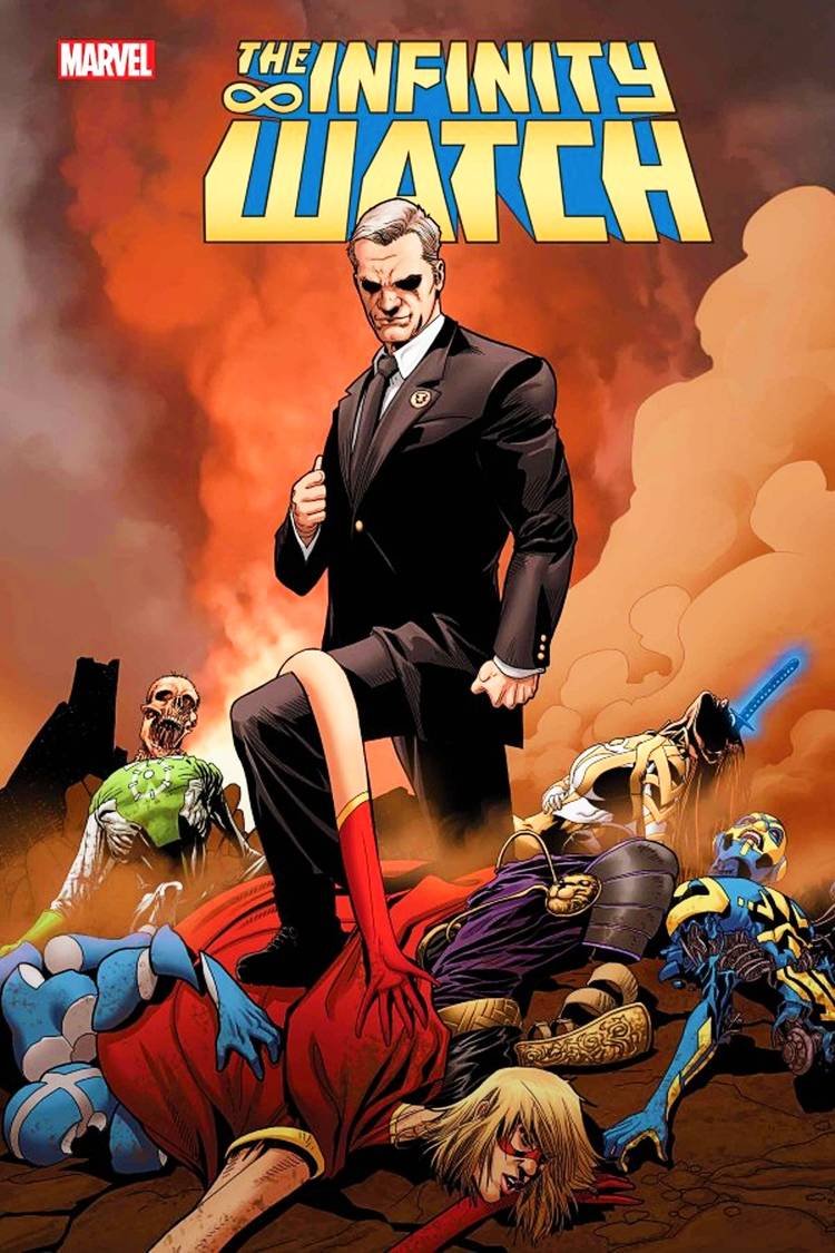 Infinity Watch #2 cover, Phil Coulson standing over the dea bodies of his teammates
