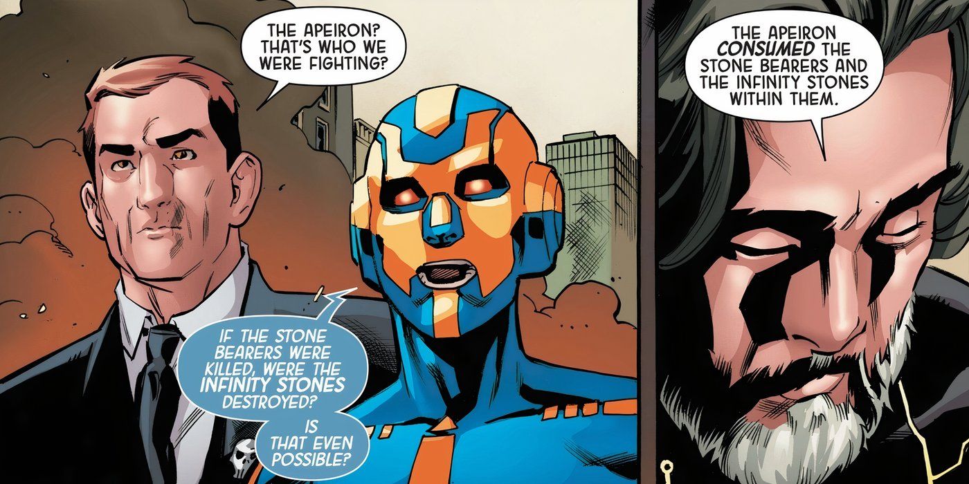 The Infinity Watch speaking with Zala about Infinity Stone-eating villains.
