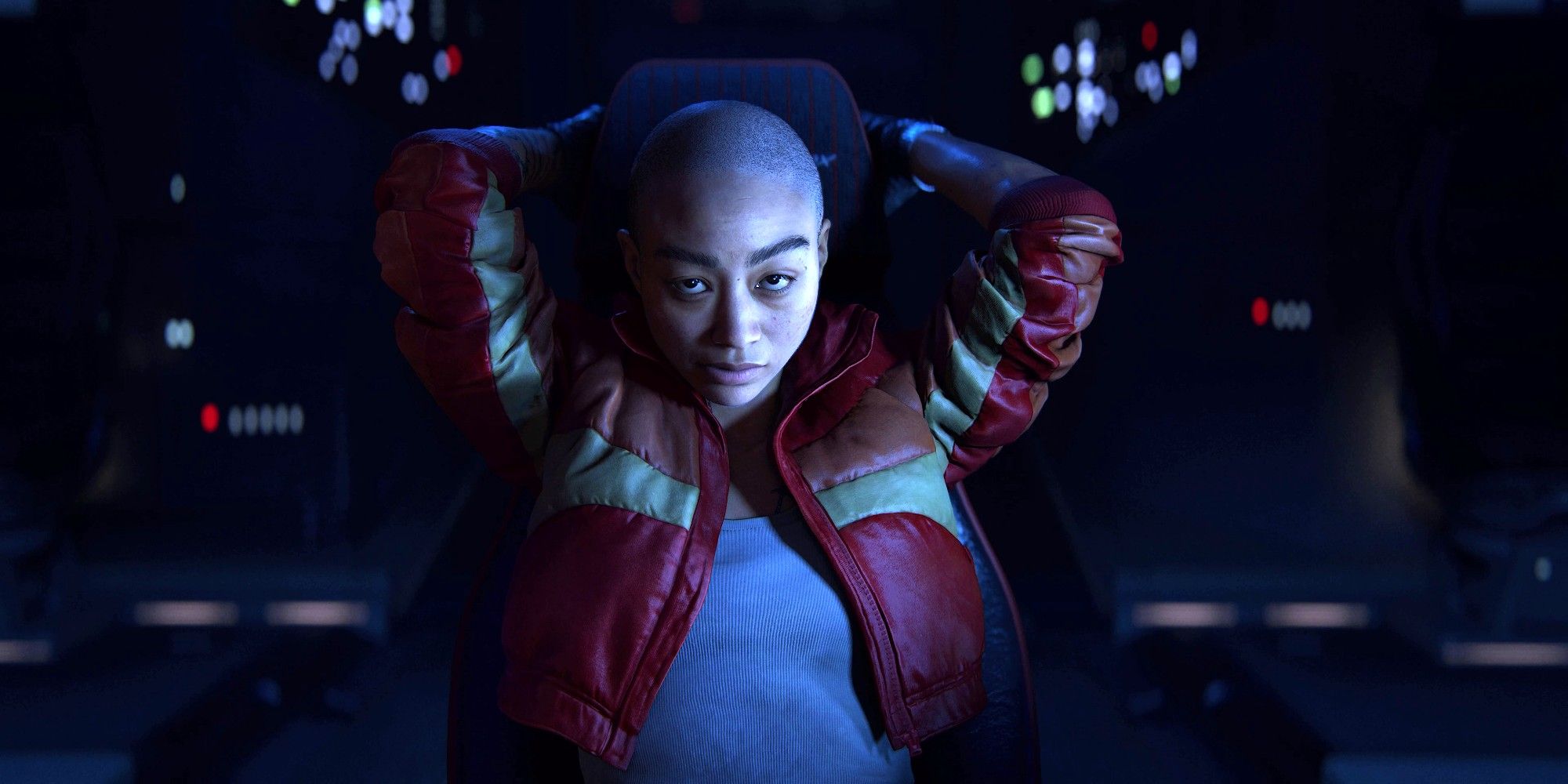 Jordan from Intergalactic: The Heretic Prophet sits in the pilot's chair in her spaceship, with her hands behind her head.