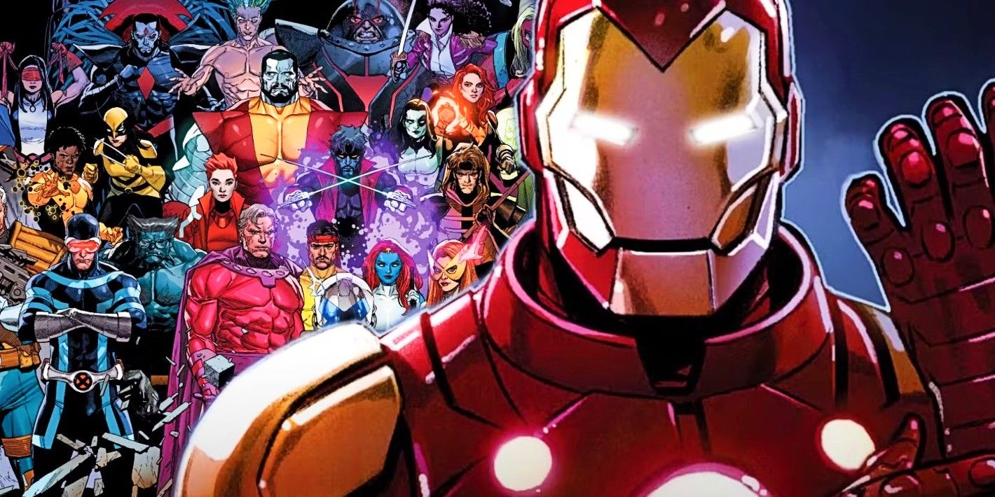 Iron Man (foreground, right) with the X-Men in the background (left)