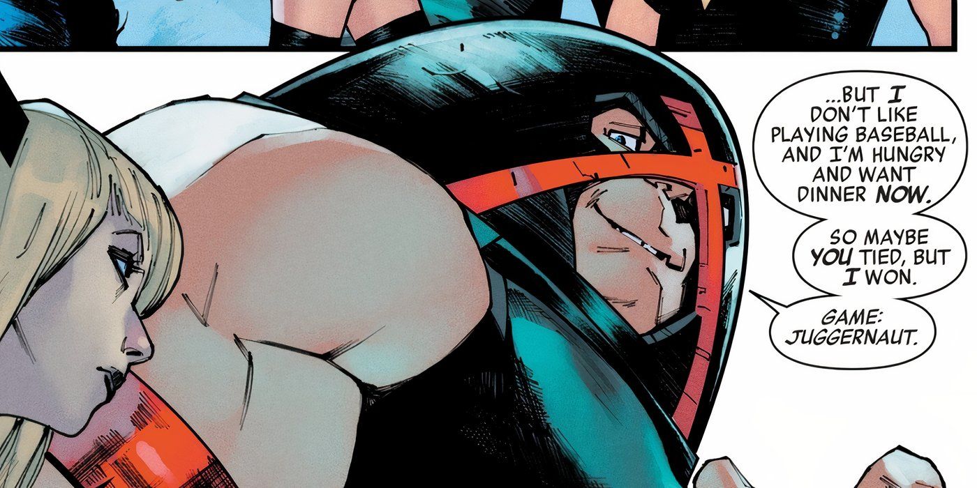 Juggernaut declaring himself the winner in the Avengers vs X-Men baseball game.