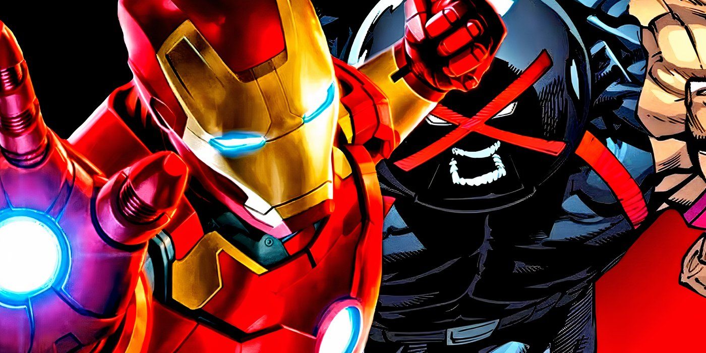 Iron Man getting ready to throw a punch with Juggernaut screaming behind him.