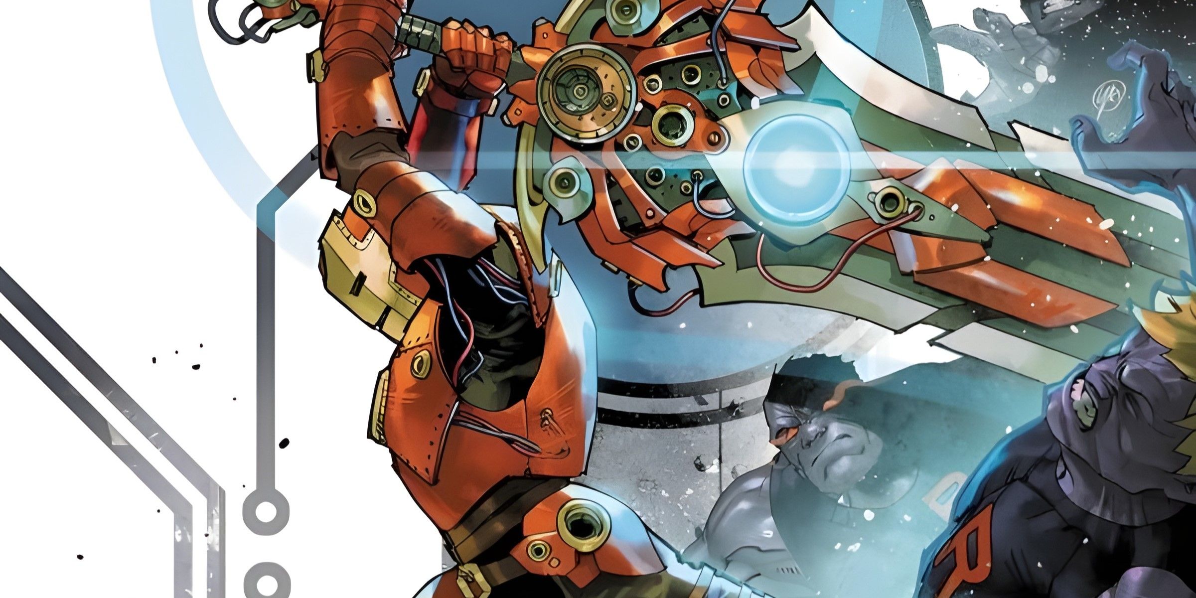 Iron Man launches forward with his sword.