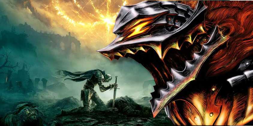 Elden Ring poster with Guts Berserk armor in front of it.