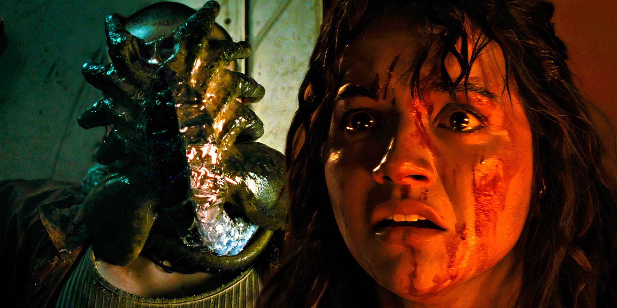 Isabela Merced&rsquo;s Kay looking scared toward the facehugger on Navarro in Alien: Romulus