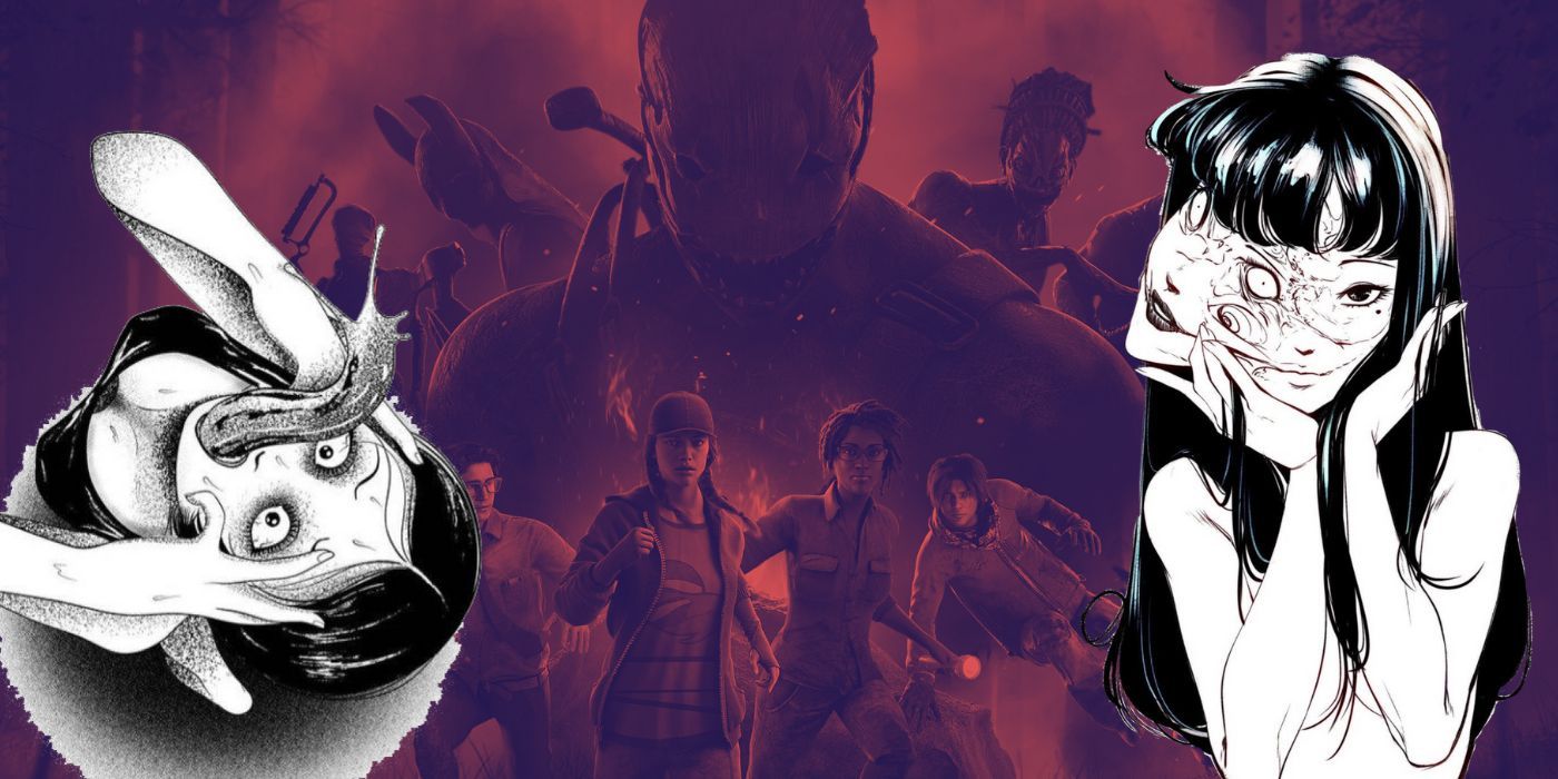 Dead by Daylight main poster with 2 Junji Ito characters in front of it