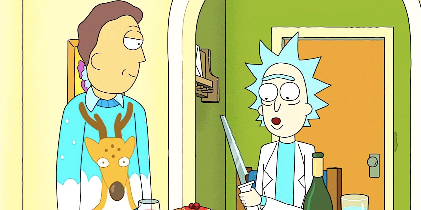 Jerry sorri presunçosamente enquanto Rick empunha uma faca de trinchar em uma mesa de jantar de Natal na 6ª temporada de Rick e Morty